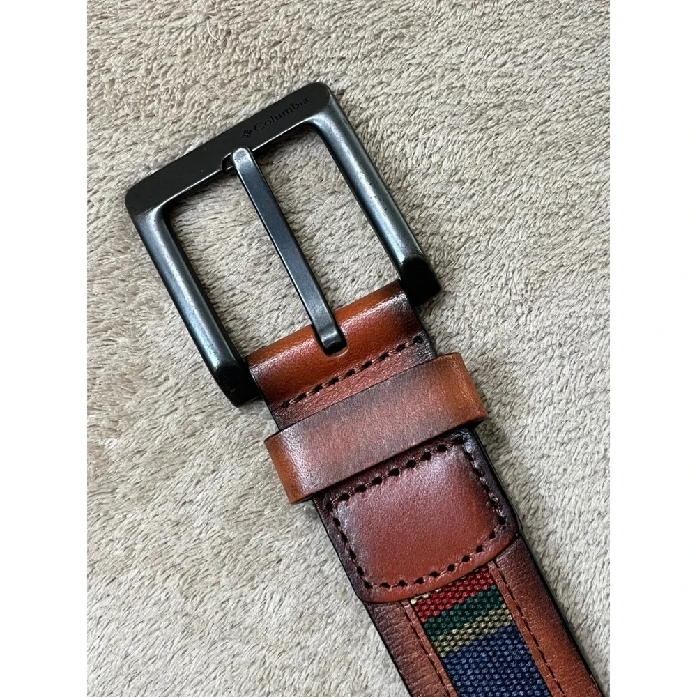 Columbia Mens Leather vintage Belt Size 44 brown with Guatemala inlay‎